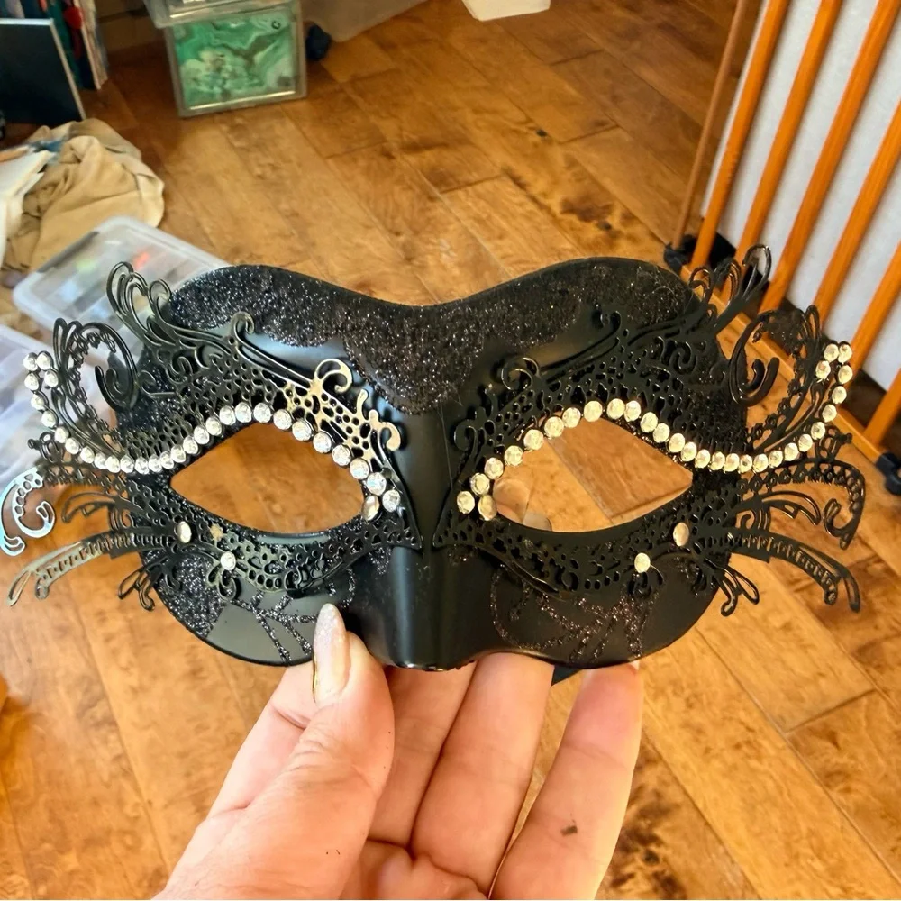 Pair of Black Rhinestone Filigree Masquerade Masks with a little black sparkle